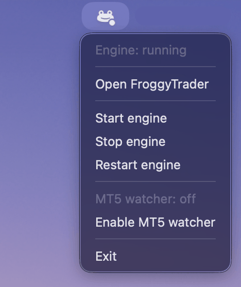 The FroggyTrader icon menu in the macOS menu bar