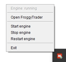 The FroggyTrader icon menu in the Windows notification area
