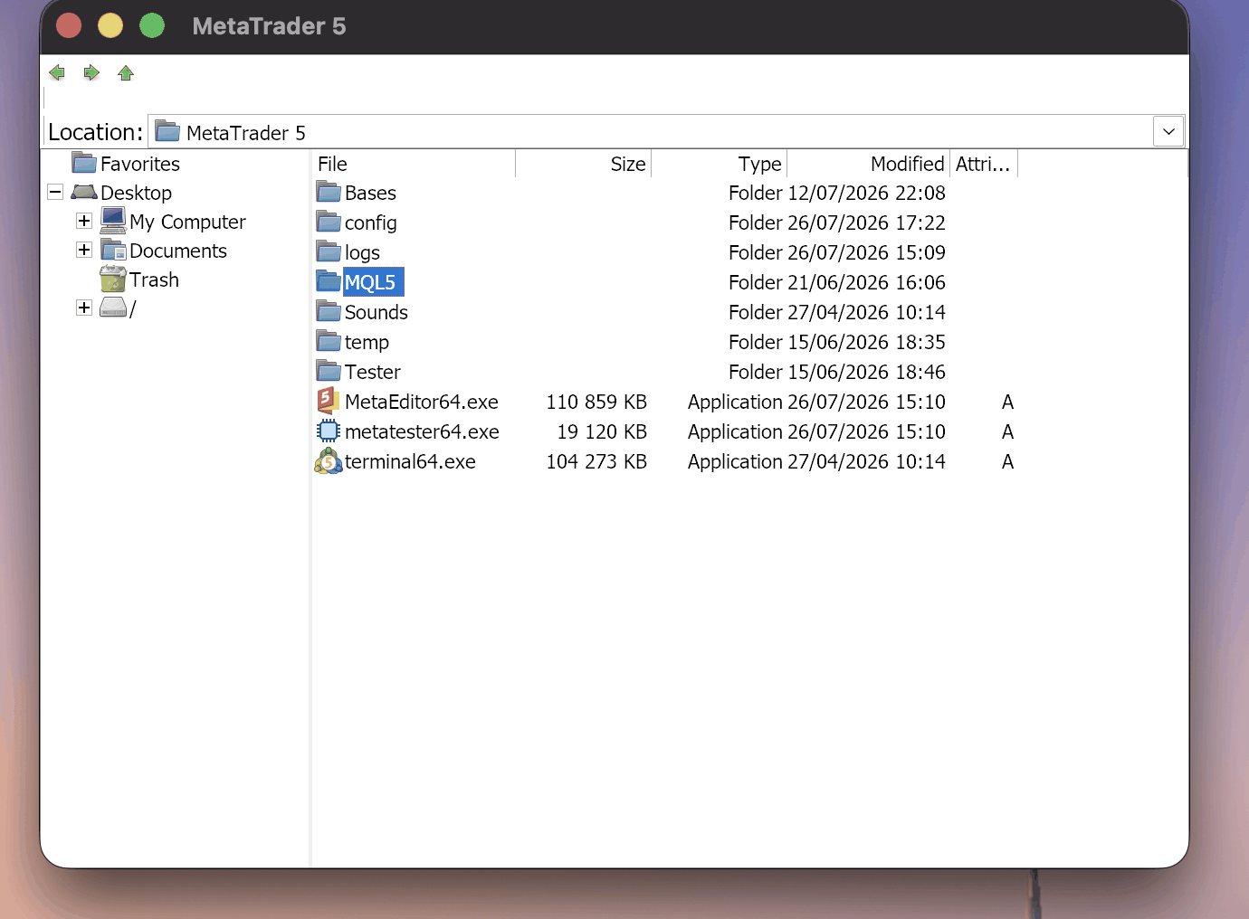 The terminal's data folder with the MQL5 folder