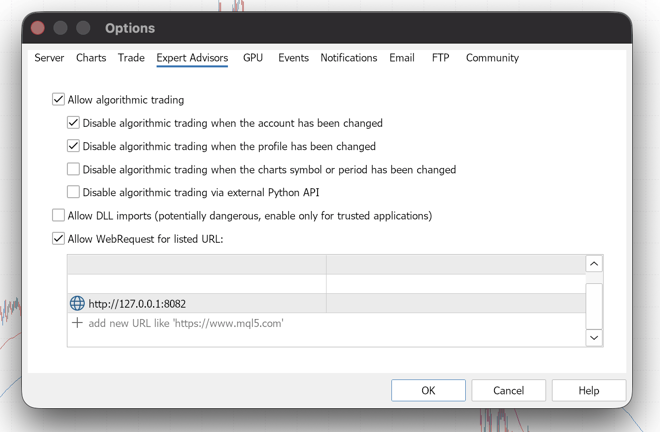 MT5 Options → Expert Advisors with http://127.0.0.1:8082 in the allowed-URL list