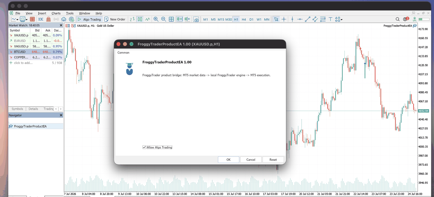 A XAUUSD chart with Allow Algo Trading checked and the global Algo Trading toolbar button enabled