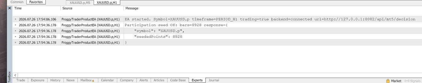 The Experts tab: EA started, backend=connected
