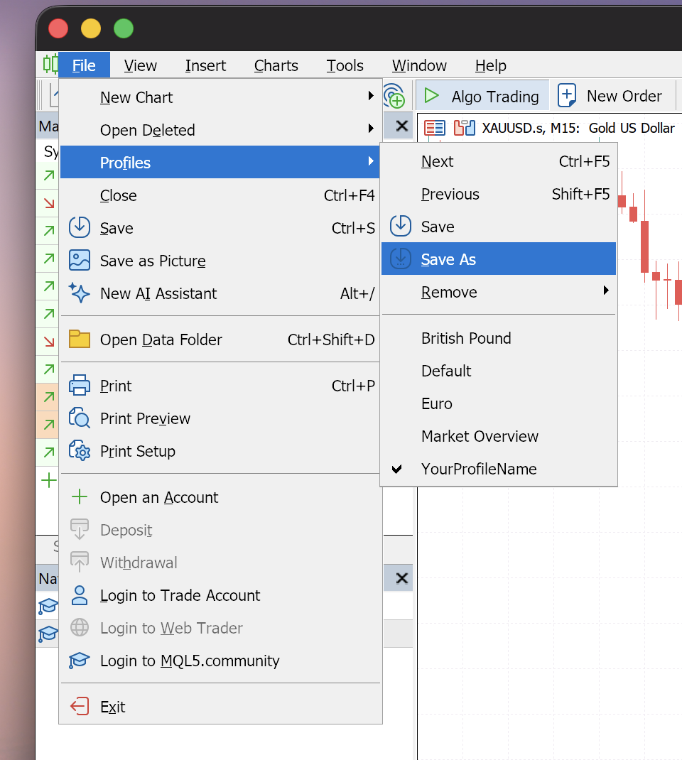 MT5 File → Profiles → Save As menu