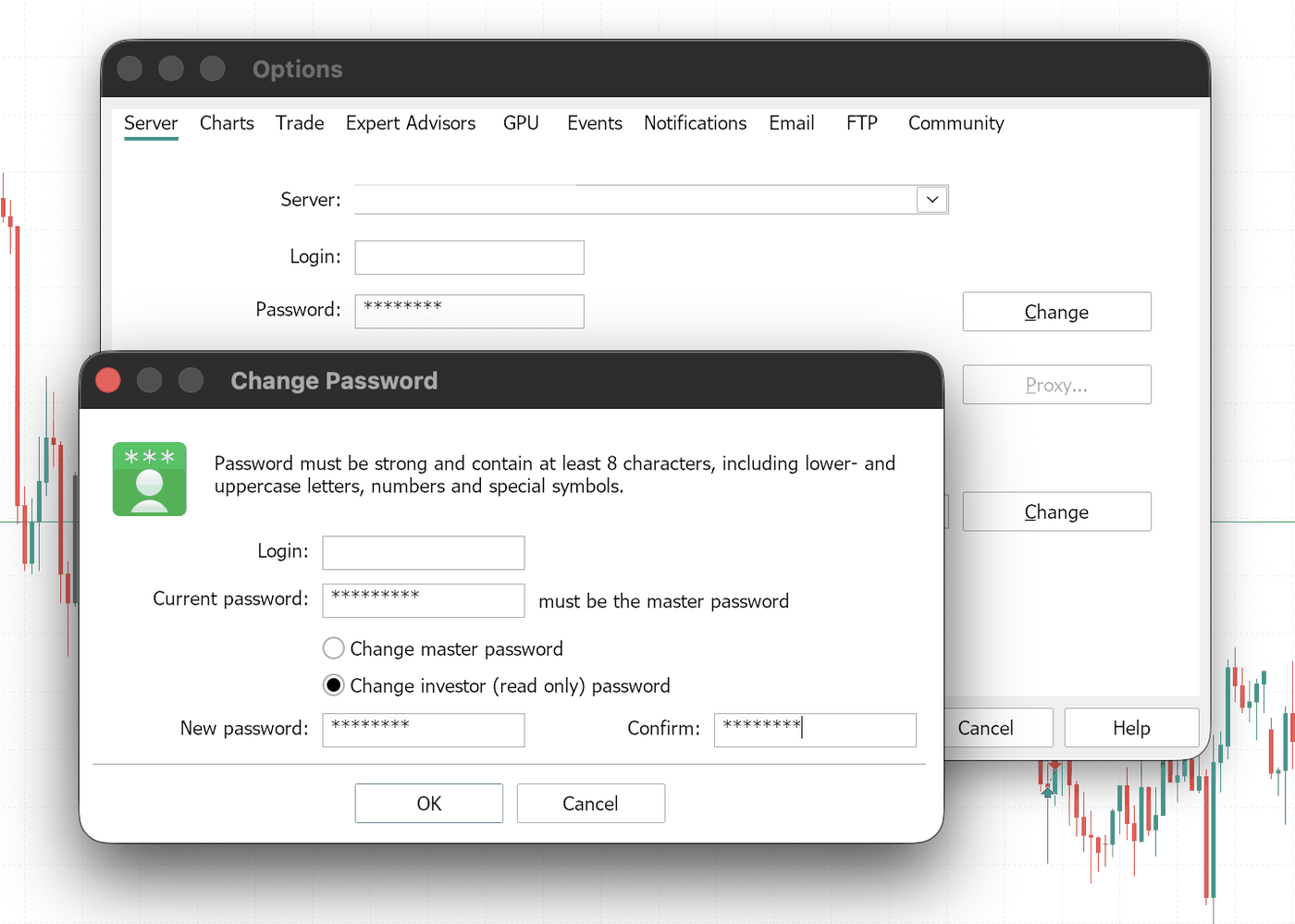 The MT5 Change Password dialog with the "Change investor (read only) password" option selected
