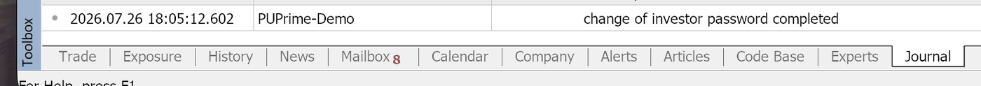 The Journal tab showing change of investor password completed