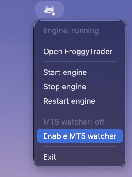 The macOS icon menu with the MT5 watcher row and its toggle